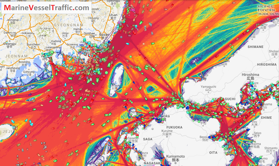 Live Marine Traffic, Density Map and Current Position of ships in KOREA STRAIT